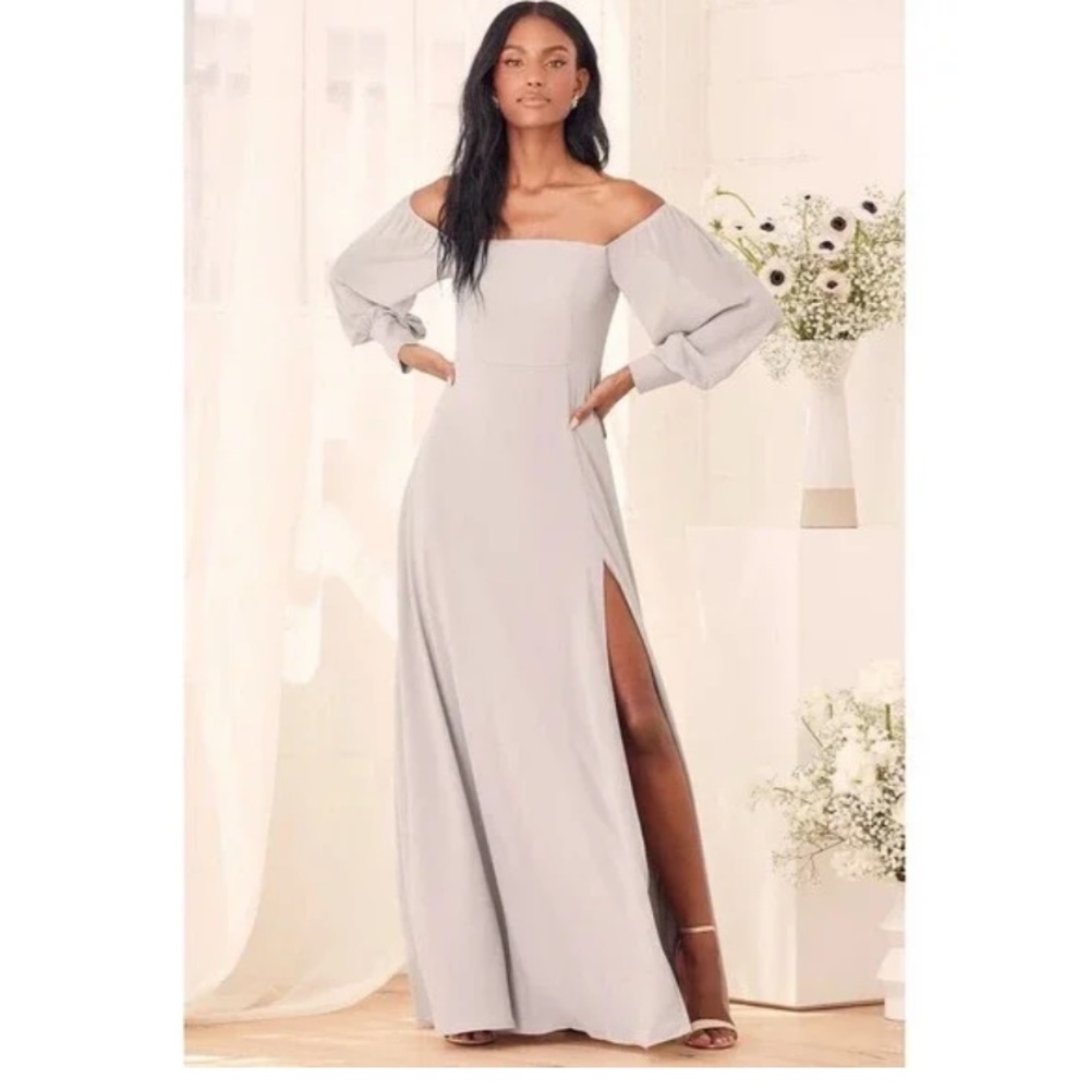 Lulu’s NWT Off The Shoulder Square Neck Long Sleeve Maxi Gown Dress Large Gray